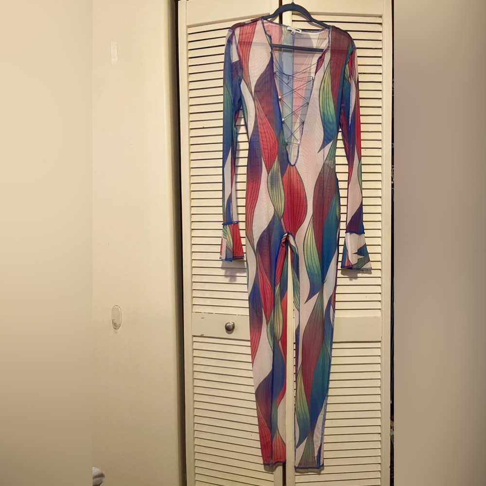 FASHION NOVA Vibrant Multicolor Mesh Jumpsuit | Criss Cross Tie Front | Size M - Picture 3 of 6